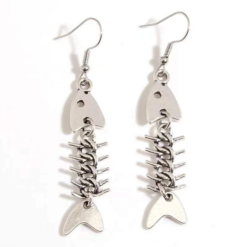 Fashion Handmade Simple Design Antique Silver Color Fish Bone Earrings - Image 4