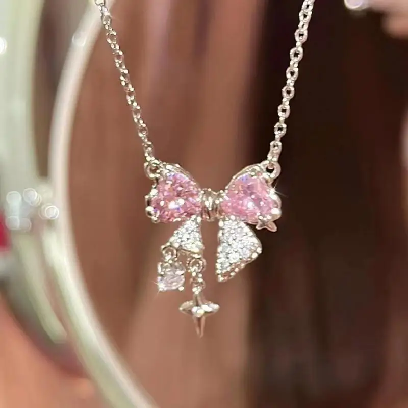 New design bow pink zircon cross pendant necklace - Image 12