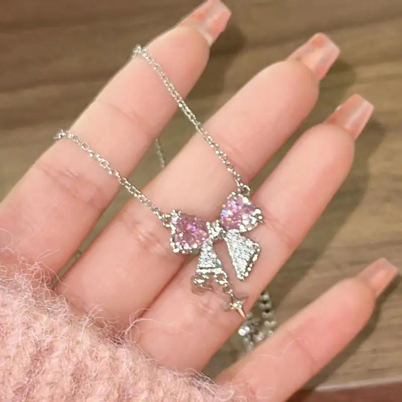 New design bow pink zircon cross pendant necklace - Image 3