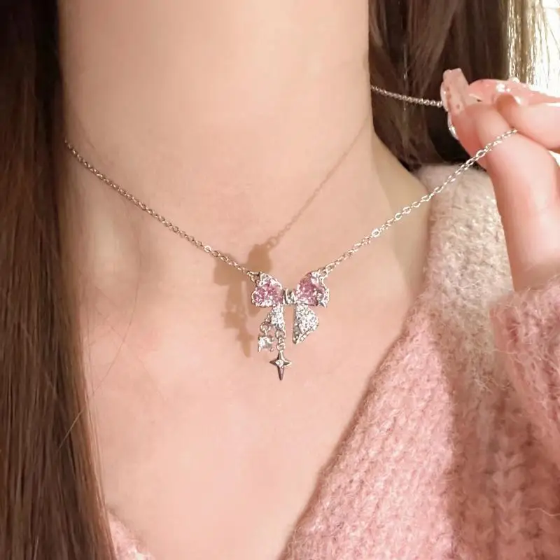 New design bow pink zircon cross pendant necklace - Image 7