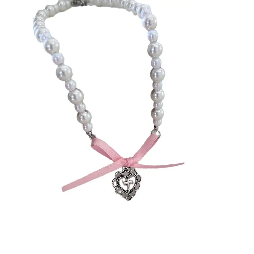 Romantic Imitation Pearl Sweet Bow Pendant Necklace - Image 3